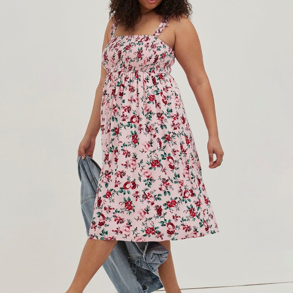 Torrid sz 5 Pink Midi Challis Smocked Tiered Dress